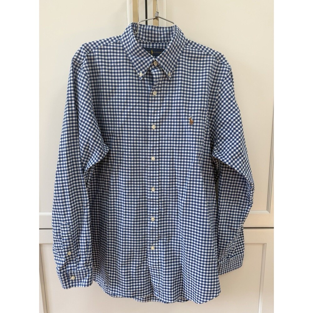 Polo Ralph Lauren Shirt Mens L Blue Gingham Check Flesh Pony Button Down LS Exc